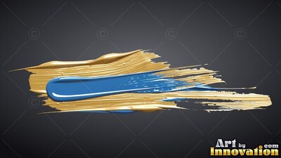 Thick blue fluid rests over textured gold brushstrokes on a dark gray surface