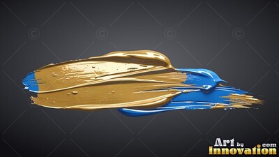 Broad gold paint smears over bright wet blue paint with glossy highlights on a dark backdrop