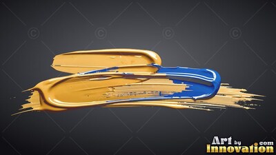 Horizontal strokes of thick yellow and glossy blue paint spread across a shadowed background