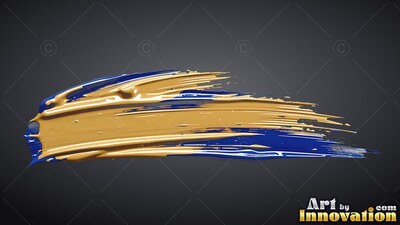 On a dark gray backdrop, thick gold and blue paint stretches in a wide streak