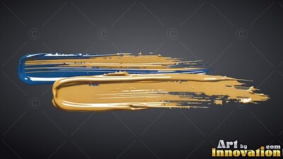 Sweeping across dark gray, thick yellow-gold paint and bright blue paint form streaks