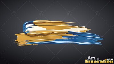 Thick yellow and blue paint brushstrokes on dark gray