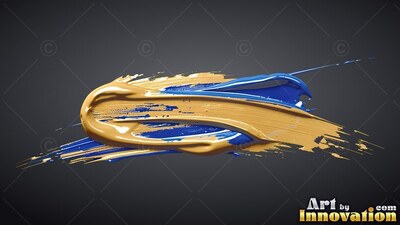Curled thick edges shape a gold and glossy blue paint brushstroke on a dark gray field
