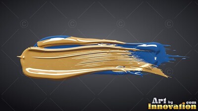 A thick swipe of gold paint sweeps across wet bright blue paint with bright highlights