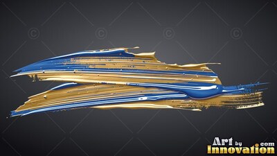 Stretching horizontally over dark gray surface, blue and wet gold paint