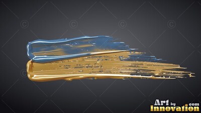 A thick smear of blue and gold paint sweeps across a dark gray backdrop