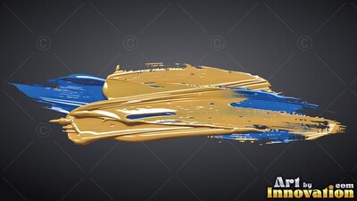 Against a plain dark gray background, thick smears of gold and bright blue paint overlap