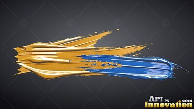 Sweeping across dark gray, deep gold and blue brushstrokes taper into fine splatters