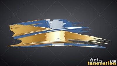 Glossy gold and bright blue paint brush strokes across a black background