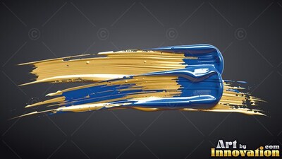 Thick blue and metallic gold paint strokes sweep together across a dark gray backdrop