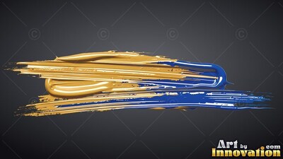 Broad gold and blue paint smears across the plain dark gray background with glossy highlights