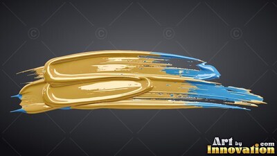 Stretched horizontally across a dark gray space, deep gold paint mixes with blue
