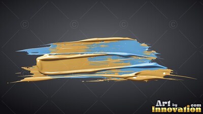 Against a plain dark gray background, a thick stroke of blue and glossy gold paint sweeps across