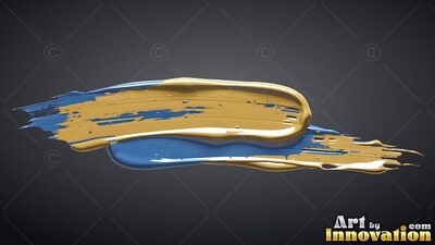 Sweeping horizontally, thick strokes of glossy gold and blue paint smear across dark gray
