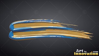 Thick brushstroke of blue and glossy gold paint on dark gray