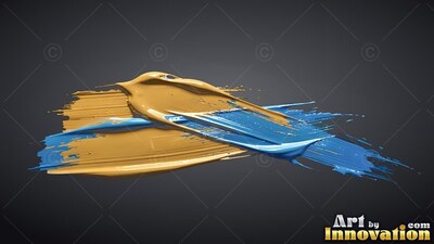 Glossy yellow-gold and bright deep blue paint strokes swept across a deep gray backdrop