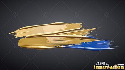 Thick wet gold paint smears horizontally over a deep gray background beside a blue streak