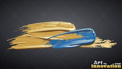 Sweeping horizontally on dark gray, thick gold and deep blue paint brushstrokes