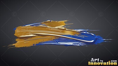 A thick brush stroke of glossy gold and bright blue paint sits over a dark gray background