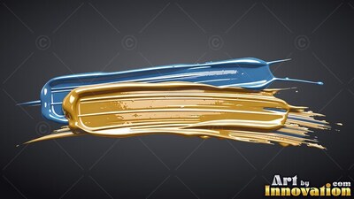 Against a dark gray backdrop, a thick glossy gold paint stroke overlaps a blue one