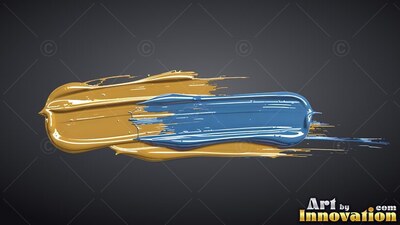 Streaking across a dark backdrop, thick gold and wet blue paint smears overlap