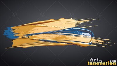 Gold and blue brush strokes smeared across a dark gray background