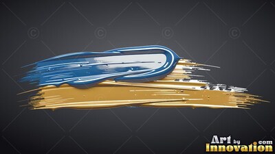 Thick glossy wet blue paint sweeps over a brushed gold streak across a plain dark gray background