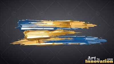 Thick strokes of gold and bright blue paint sweep across dark space, catching shiny highlights along the ridges