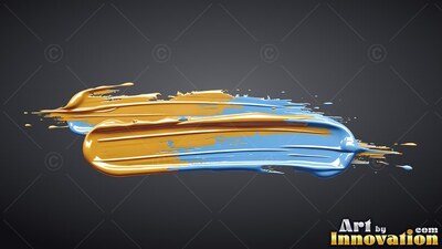 Swept horizontally across dark gray, heavy gold and light blue paint strokes blend