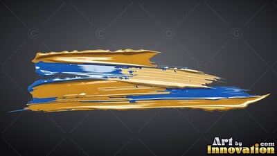 Thick strokes of shiny gold and deep blue paint smeared across a charcoal background