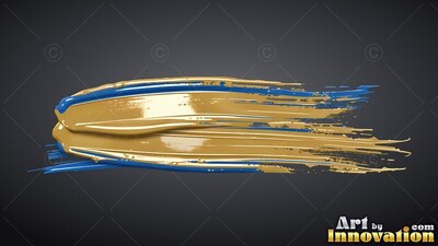 Against a shadowed background, a thick stroke of glossy gold and wet blue paint