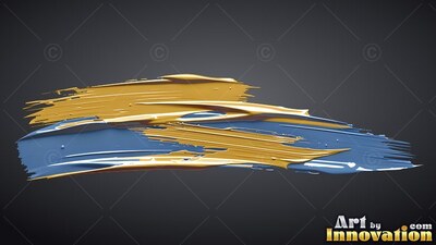 Sweeping across a shadowed background, deep gold and glossy blue paint blends together