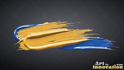 Thick yellow and deep blue paint brushstrokes on a charcoal background