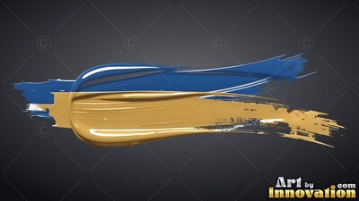 Glossy blue and gold streaks of paint sweep horizontally across a dark gray backdrop