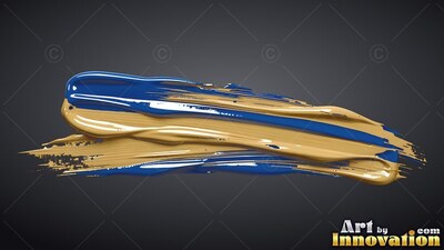 Deep gold and blue paint smears horizontally across dark gray, shining under bright studio light