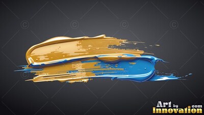 Swept horizontally on a dark background, a thick smear of gold and deep blue paint