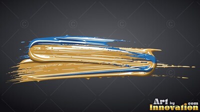 Thick brush strokes of glossy gold and glossy blue paint spread across a dark backdrop