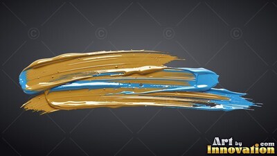 On a dark gray backdrop, thick yellow and deep blue paint sweeps across horizontally