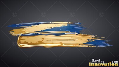 Sweeping across a shadowed background, thick strokes of shiny gold paint blend with deep blue streaks