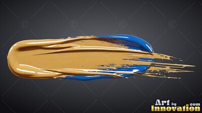 Glossy metallic gold paint stroke over blue on dark gray