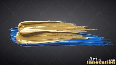 Thick ridges of glossy gold paint over a blue stroke against a deep gray background