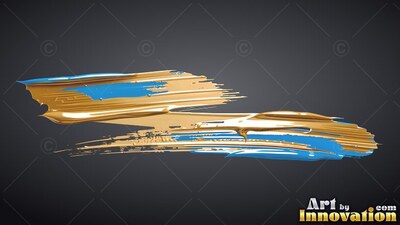 A brushstroke of dense gold and bright wet blue paint sweeps across dark gray with glossy highlights