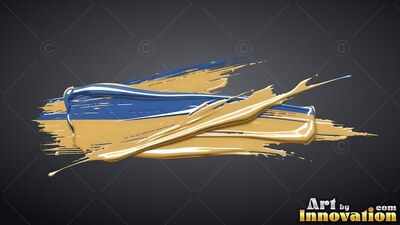 Sweeping horizontally on dark gray, dense gold and bright blue paint brushes across