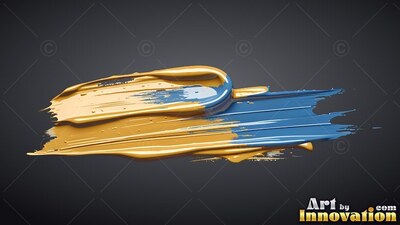 Thick yellow and glossy blue paint is smeared across a shadowed background