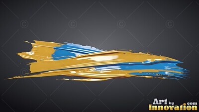 On a plain dark gray background, a wide smear of broad gold and bright blue paint sweeps across