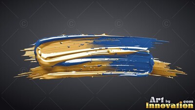 Sweeping across a dark background, thick strokes of gold and bright blue paint blend together