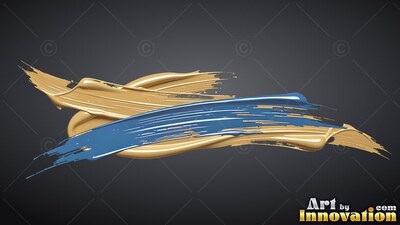 Deep gold and blue paint strokes over a plain dark gray background