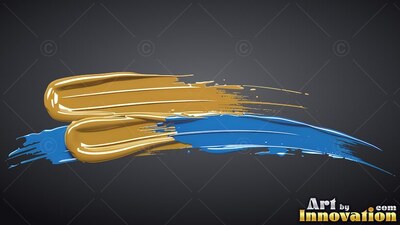 Glossy thick ridges of gold and glossy blue paint sweep over a dark gray backdrop