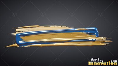 A thick stroke of paint sweeps across a dark space in glossy blue and warm gold