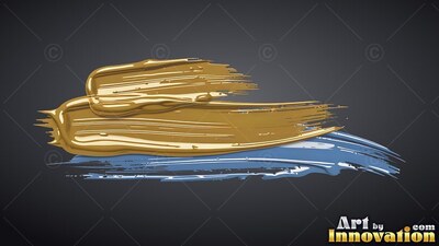 Curled horizontally against dark gray, thick wet gold paint covers light blue strokes
